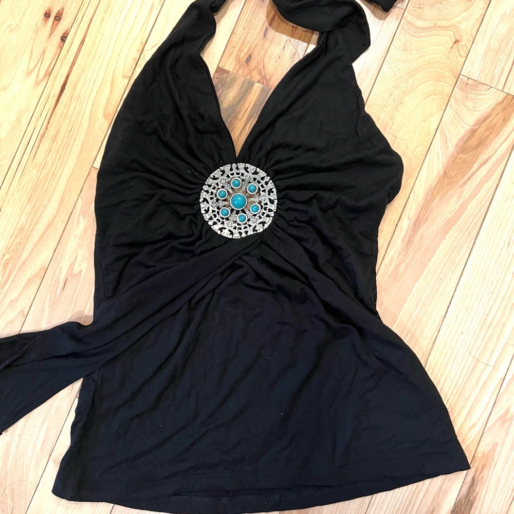 Jagger black halter top with jewel center, Size Large